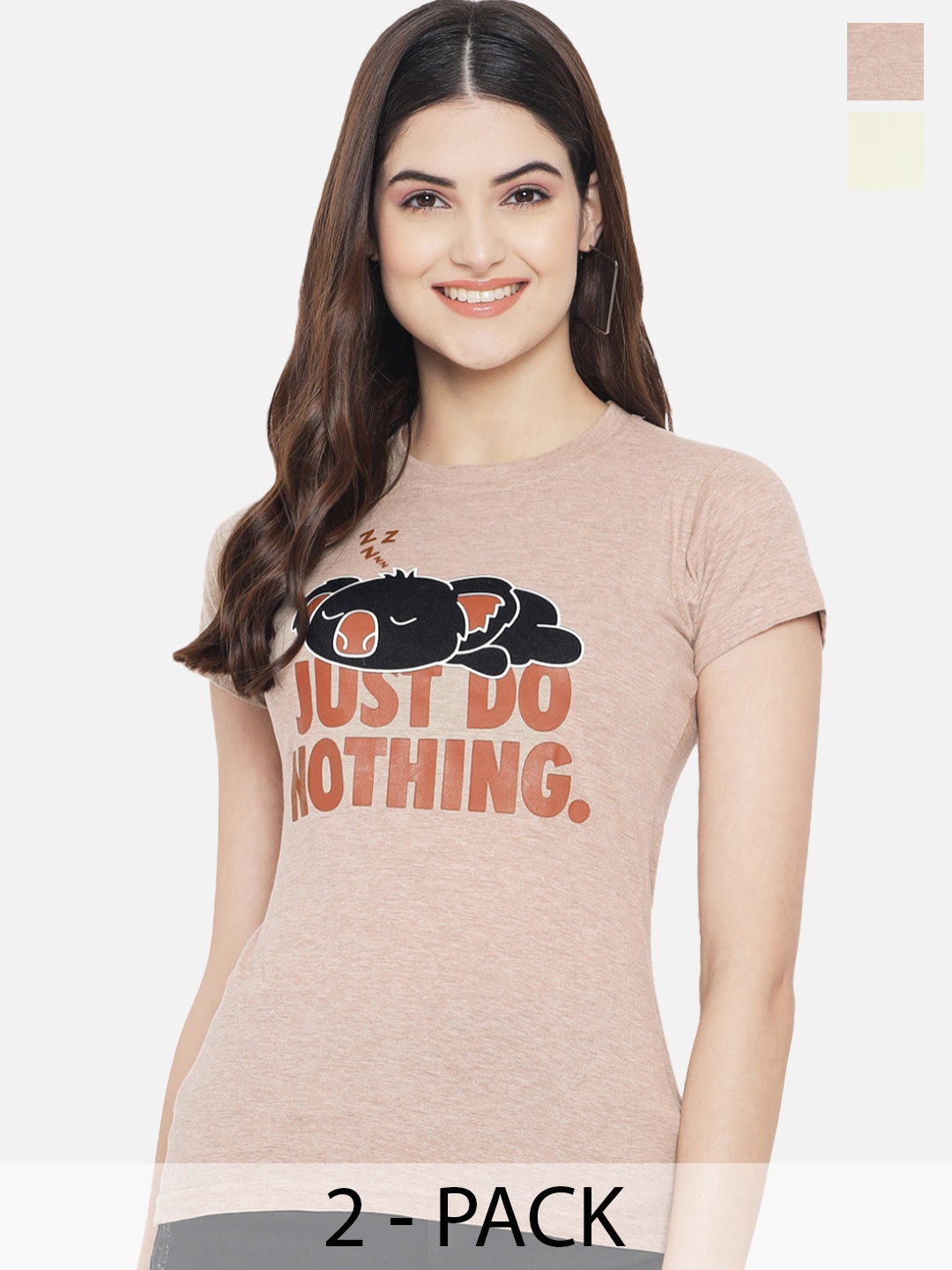 

Dreambe Women Pack Of 2 Graphic Printed Round Neck Cotton T-shirts, Peach