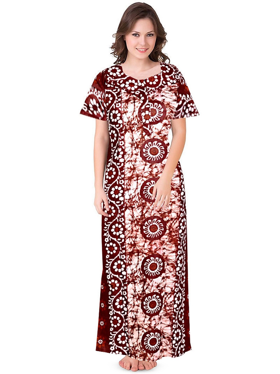 

PR PINK ROYAL Women Printed Pure Cotton Maxi Nightdress, Maroon