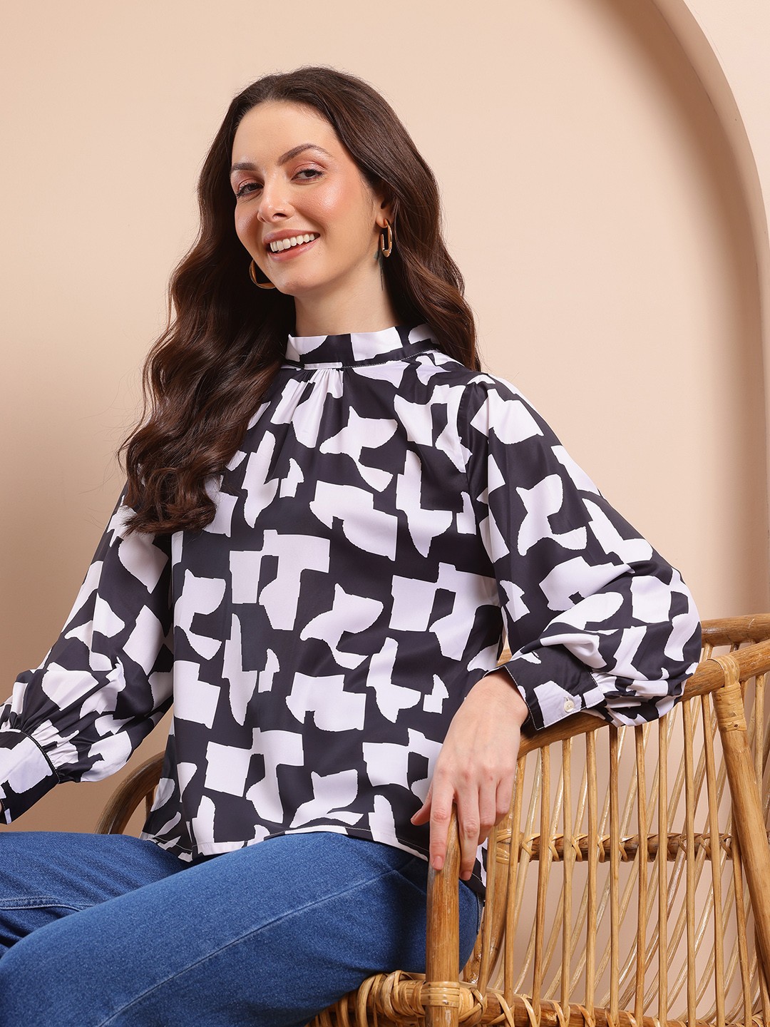 

Mast & Harbour Abstract Print Cuffed Sleeves High-Neck Top with Tie-Up Detail, Black