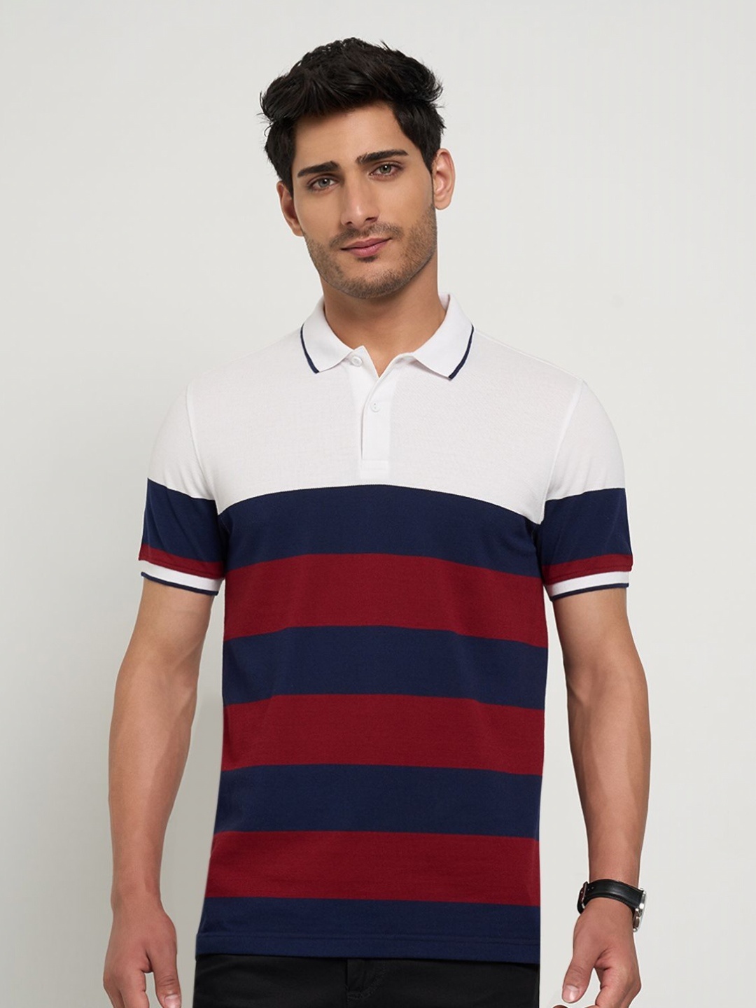

Peregrine by Pantaloons Men Striped Polo Collar Cotton Slim Fit T-shirt, Burgundy