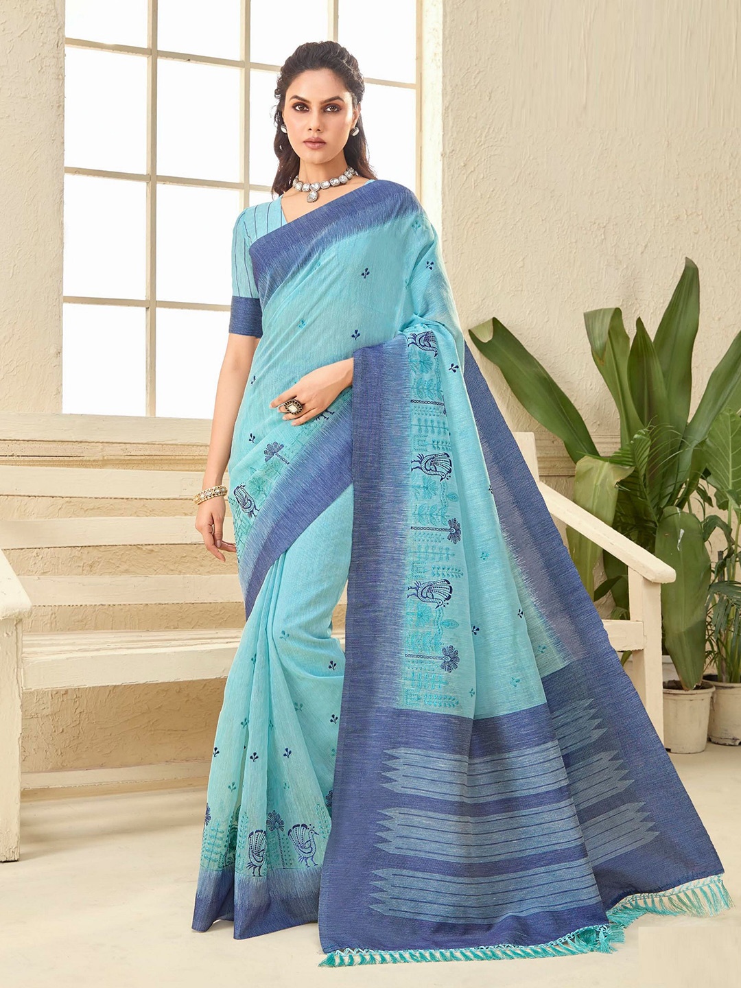 

MAHALASA Woven Design Embroidered Pure Cotton Saree, Turquoise blue