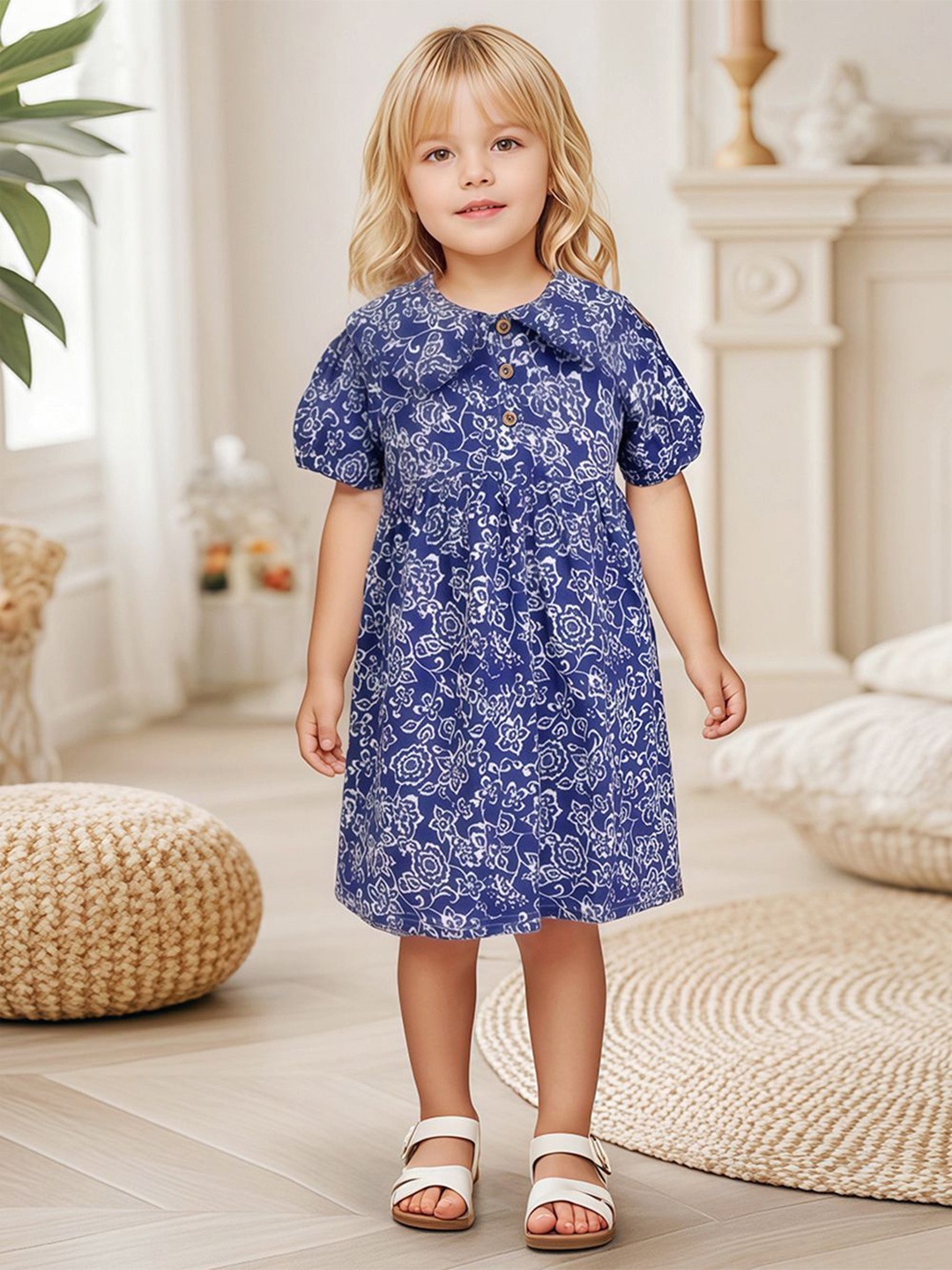 

StyleCast x Revolte Girls Peter Pan Collar Puff Sleeve Fit and Flare Dress, Navy blue