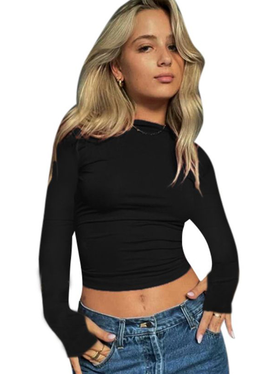 

StyleCast Women Round Neck Long Sleeves Crop Top, Black