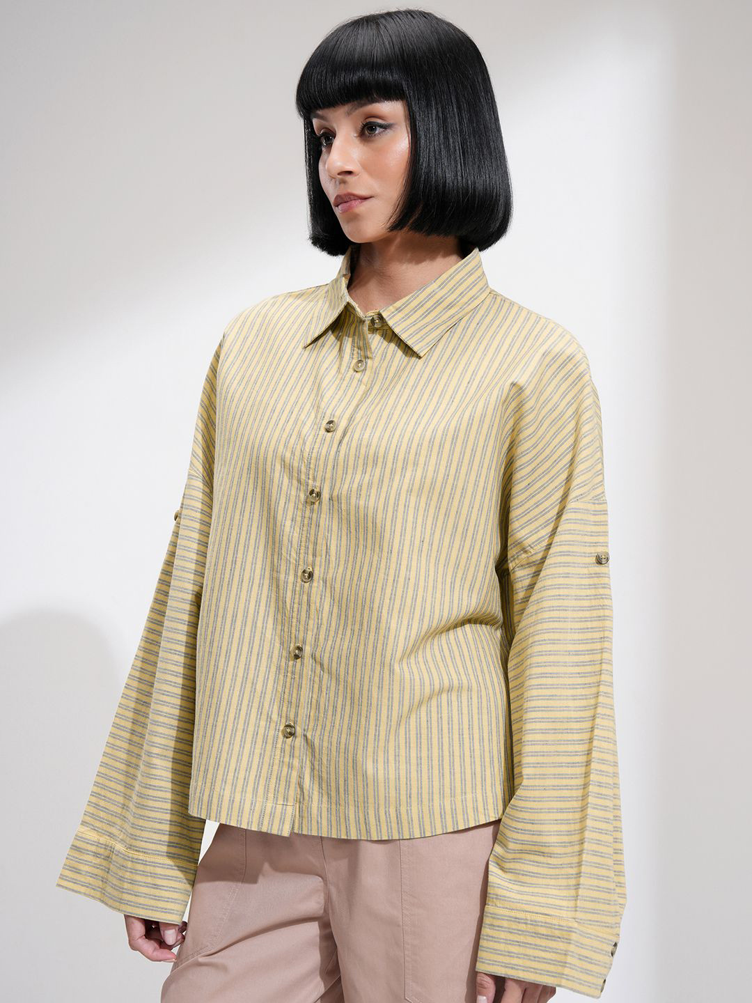 

Tokyo Talkies Women Buttondown Drop Shoulder Boxy Stripe Shirt, Yellow