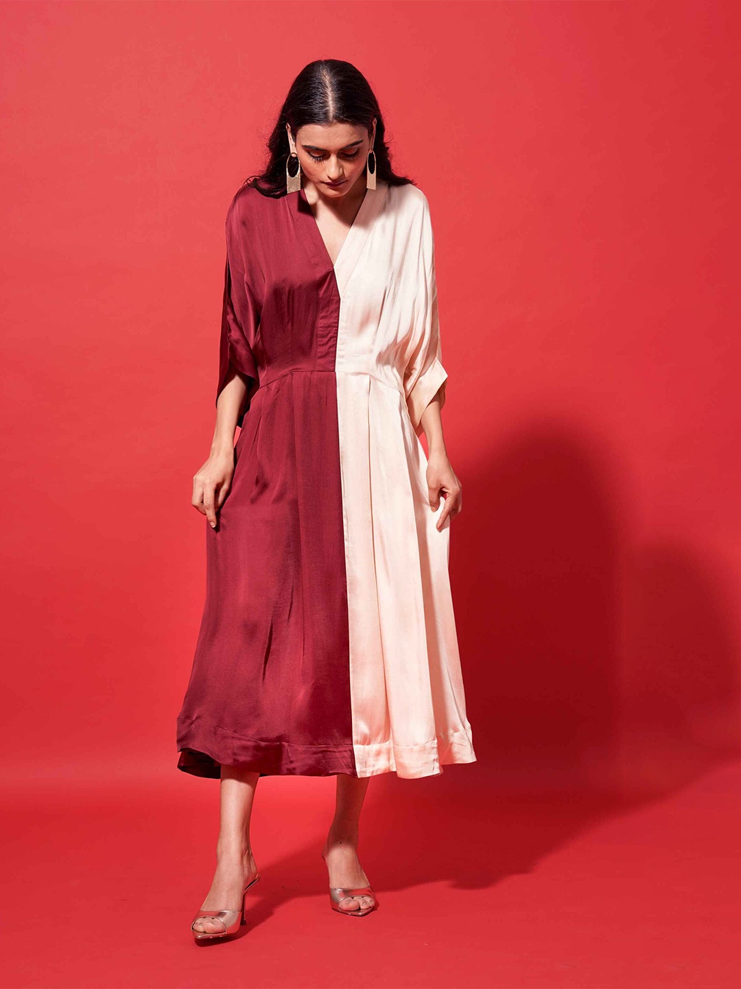 

the kaatn trail Women Batwing Sleeve Satin A-Line Maxi Dress, Maroon