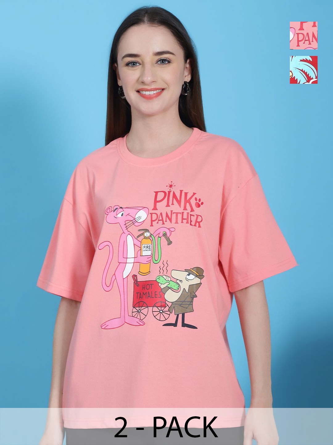 

Dreambe Women Pack Of 2 Graphic Printed Round Neck Cotton Oversized T-shirts, Peach