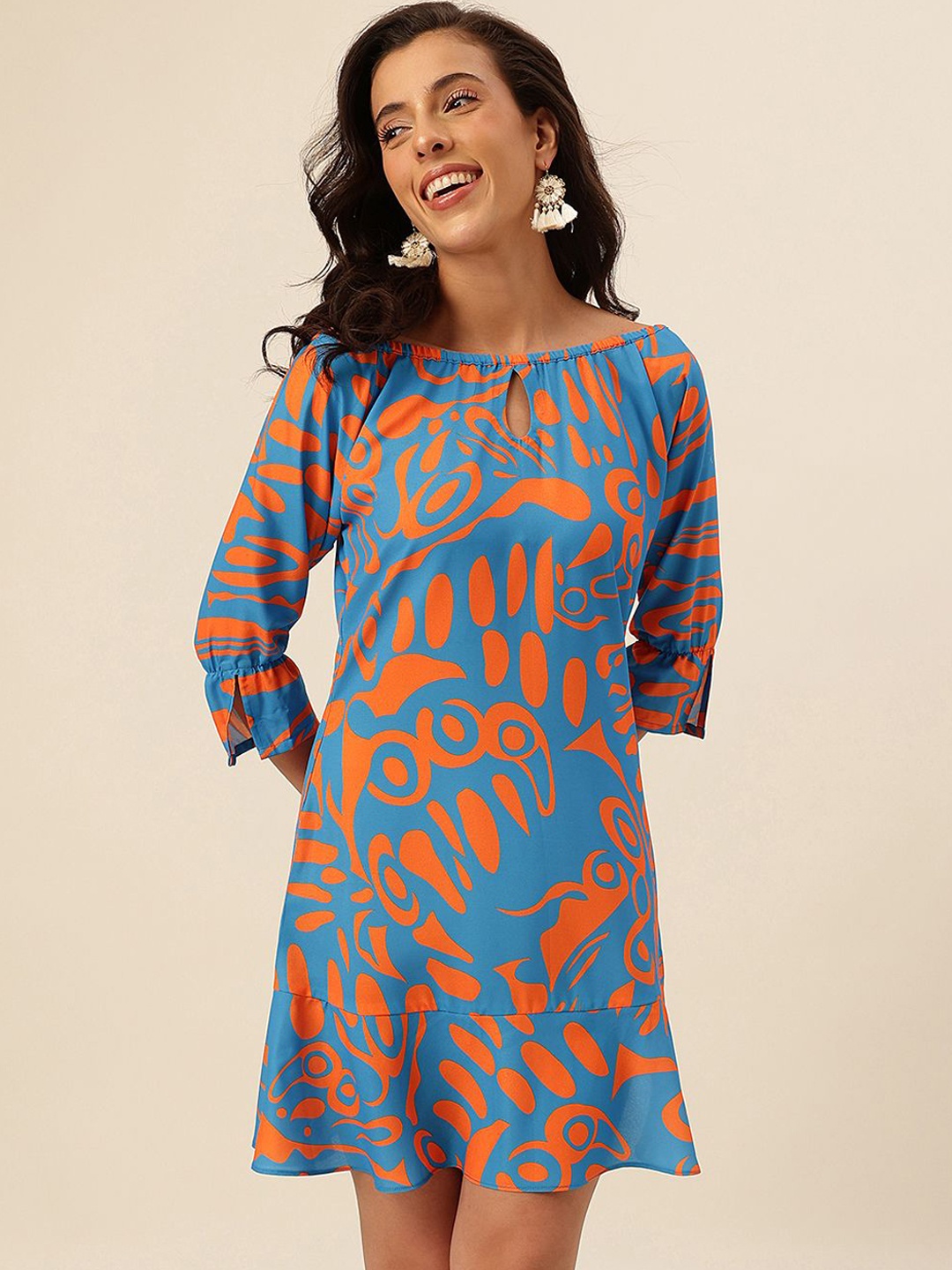 

CUKOO Abstract Printed Georgette Key-Hole Neck Shift Dress, Blue