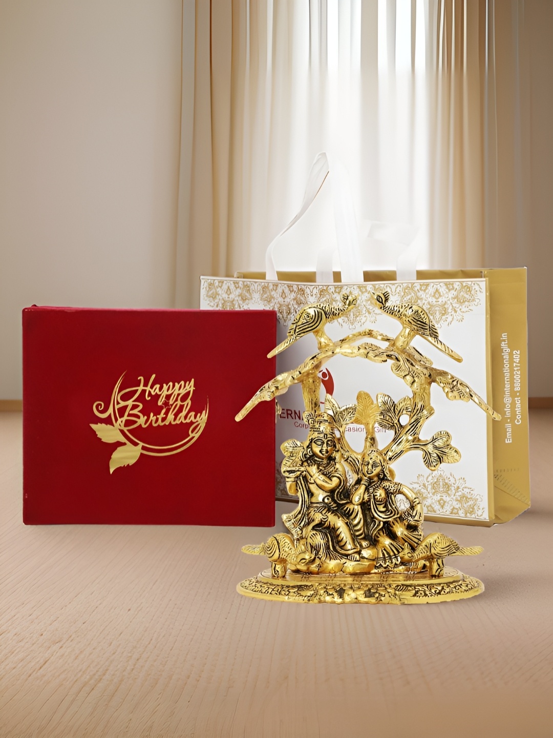 

INTERNATIONAL GIFT Gold Plated Radha Krishna Idol with Box and Happy Birthday Tag