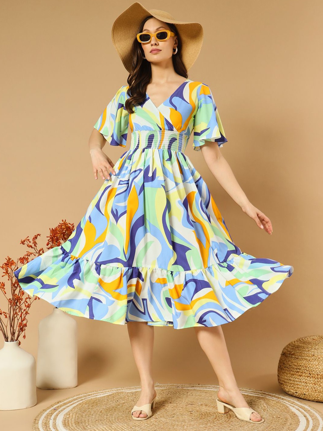 

ZWERLON Women's Printed Flared Sleeve Midi Dress, Green