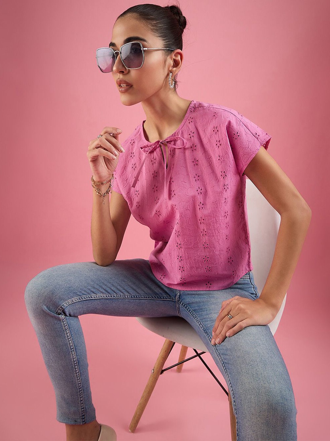 

DressBerry Women Tie-Up Neck Cotton Top, Pink