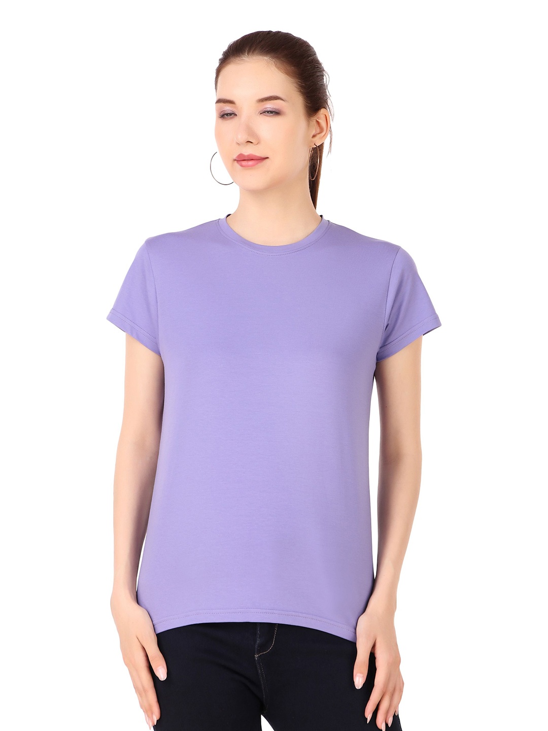 

STYLESO Women Solid Round Neck Cotton Slim Fit T-shirt, Lavender