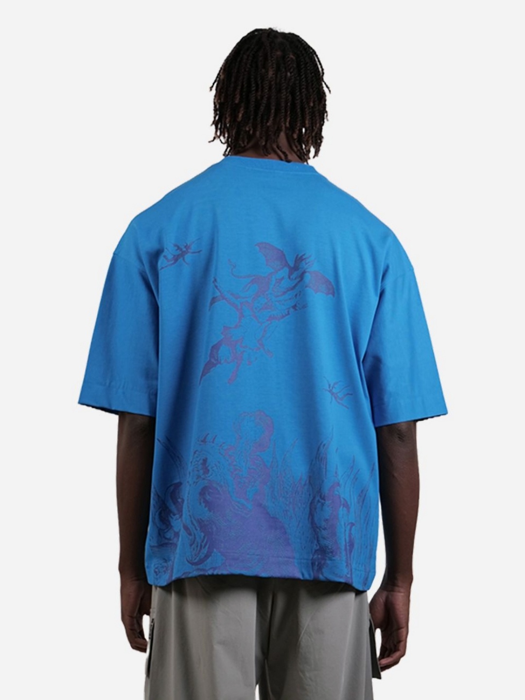 

KHAAKI Men Graphic Printed Round Neck Cotton Oversized T-shirt, Blue