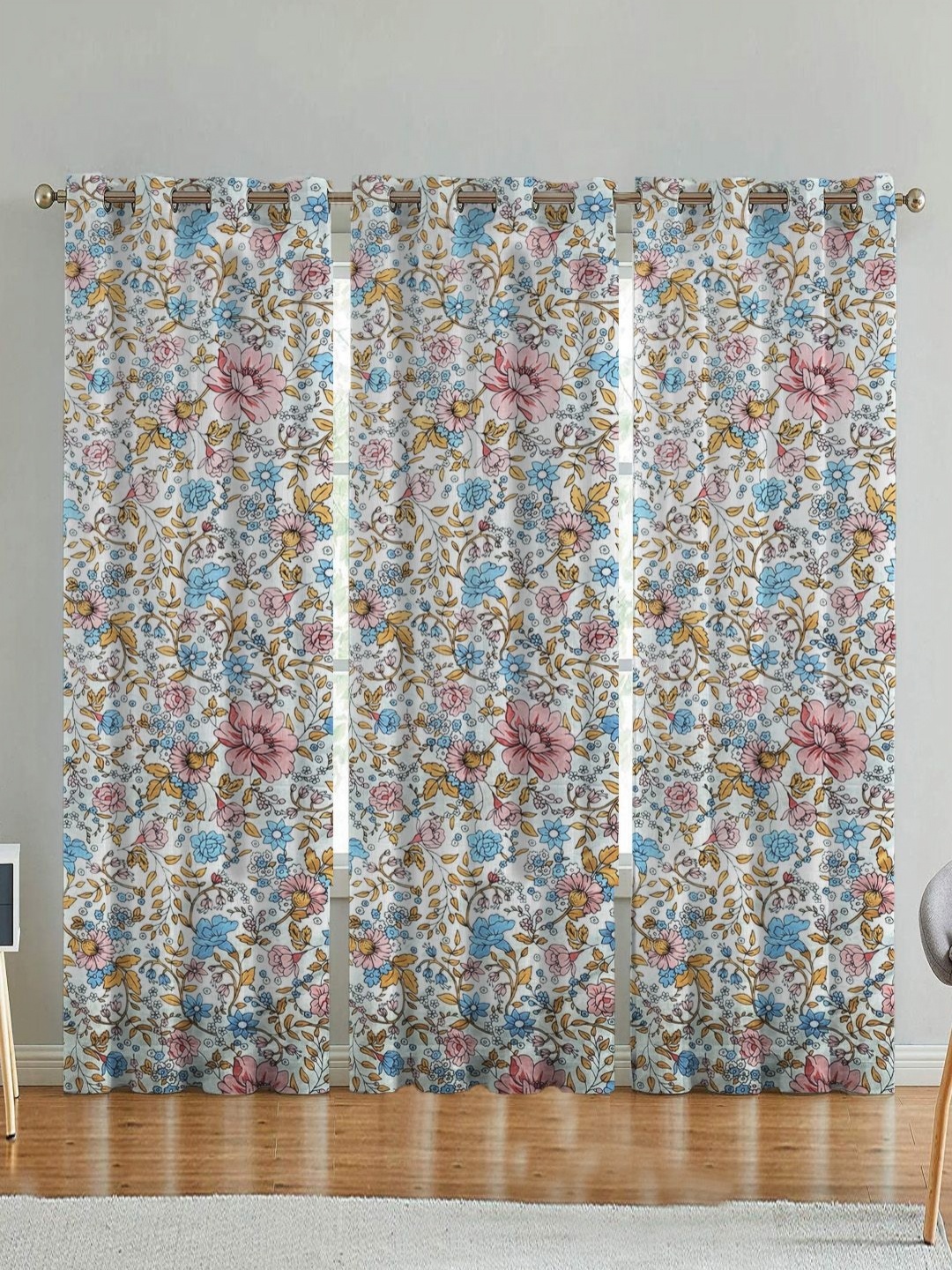 

ANA White & Blue 3 Pieces Floral Printed Door Curtains