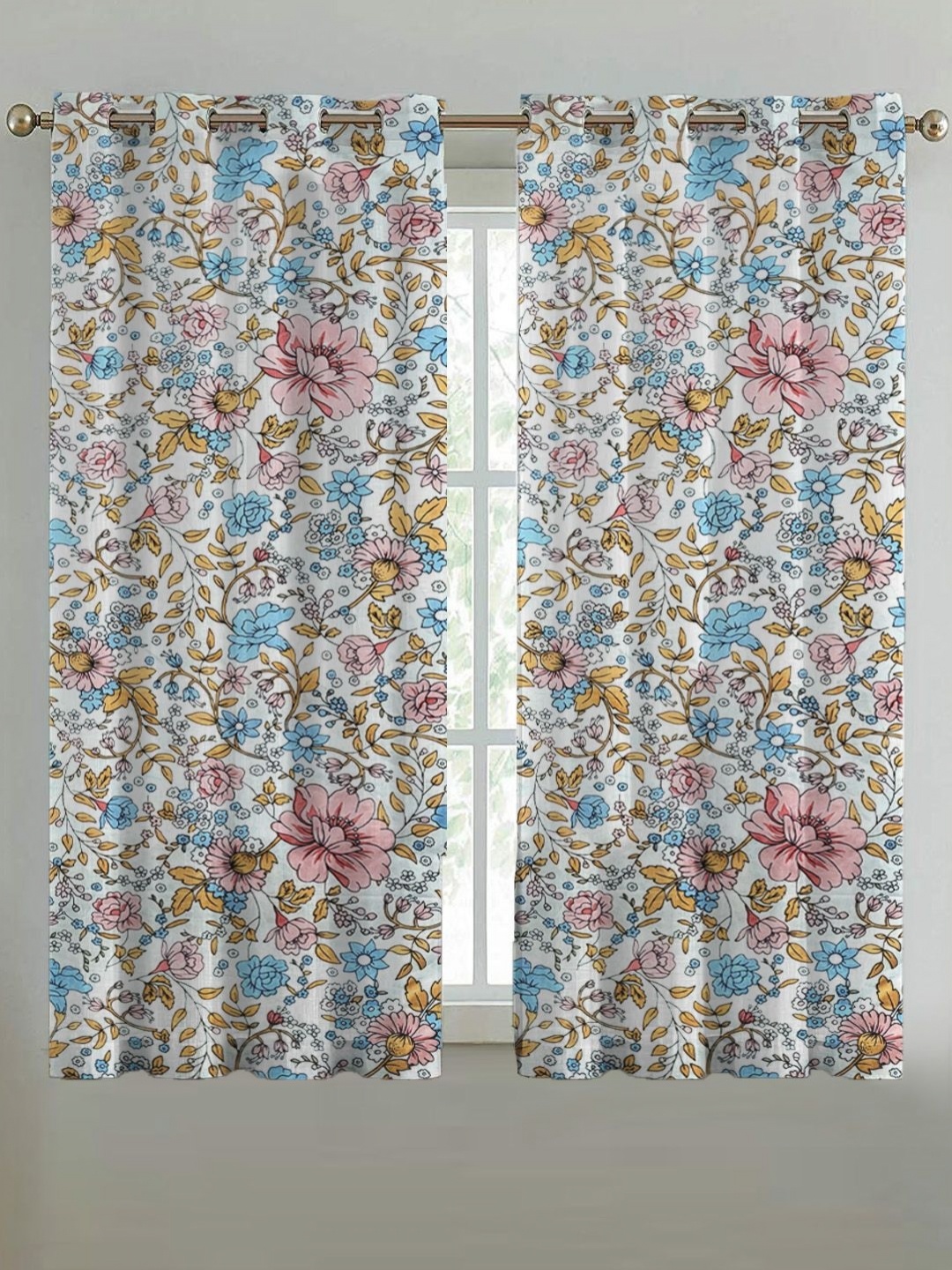 

ANA White & Blue Set of 2 Floral Room Darkening Window Curtain