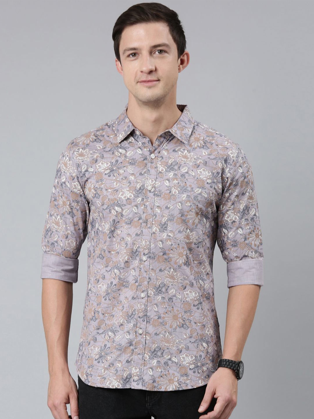

Provogue Men Spread Collar Floral Printed Cotton Casual Shirt, Lavender