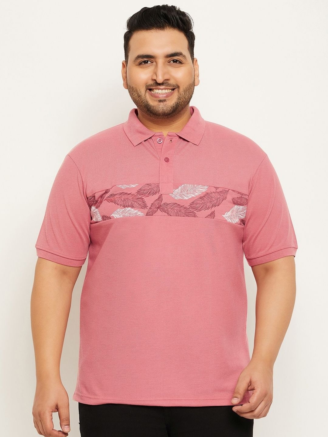 

NYKER Men Plus Size Floral Printed Polo Collar Cotton T-shirt, Pink