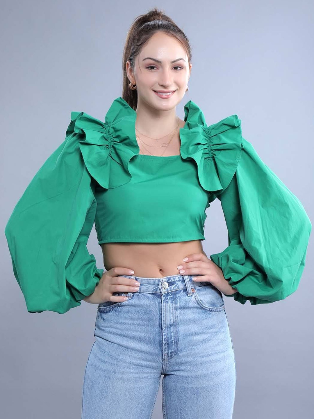 

French Theory Square Neck Cotton Crop Top, Green