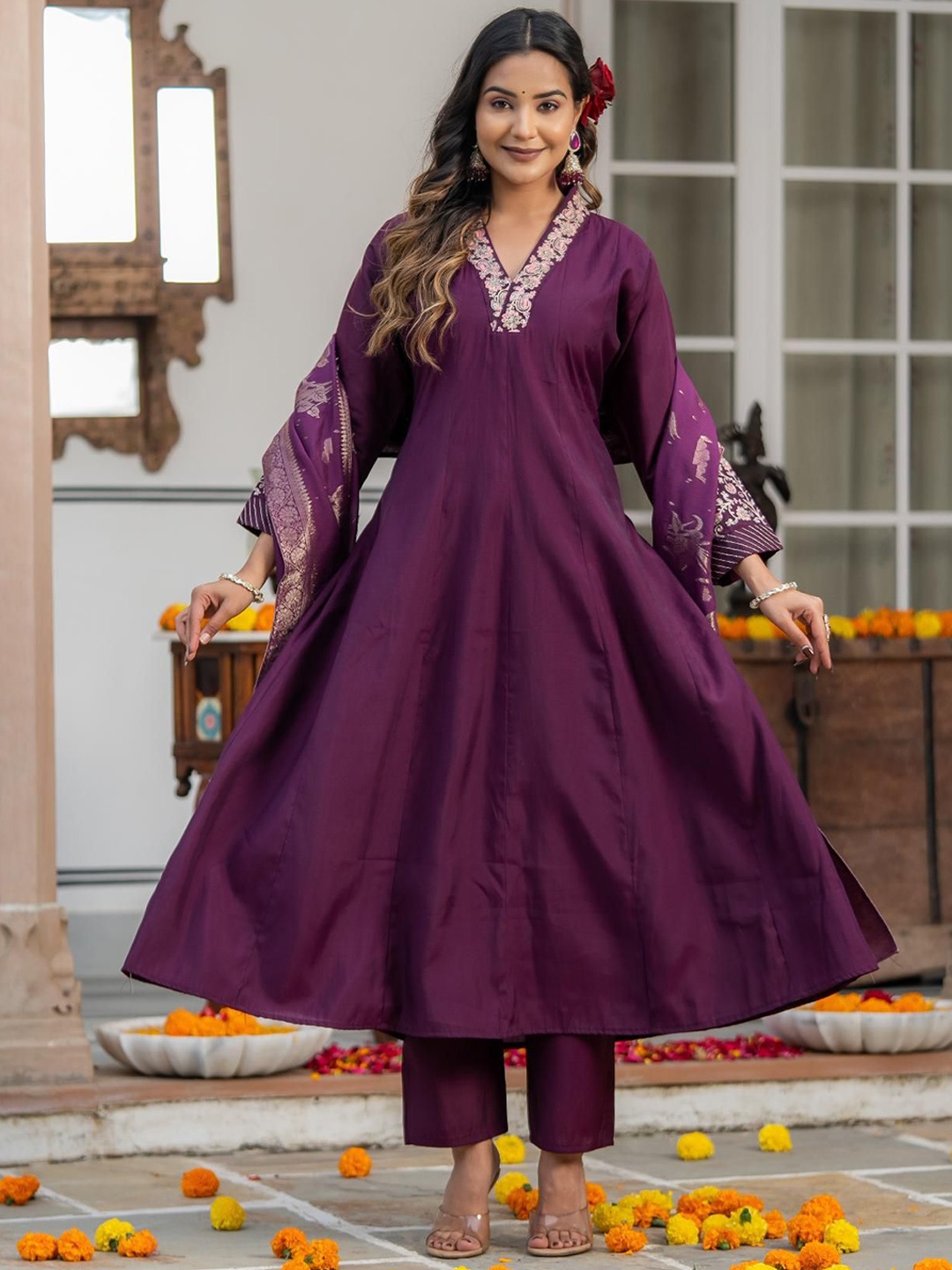 

Moda Rapido Floral Embroidered V Neck Kurta With Trousers And Dupatta, Purple