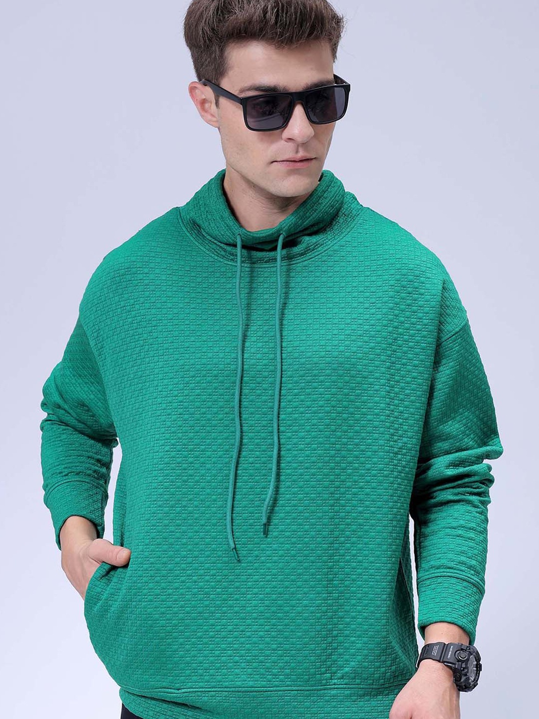 

The Indian Garage Co. Men Oversized Self Design Cowl Neck Sweatshirt, Green