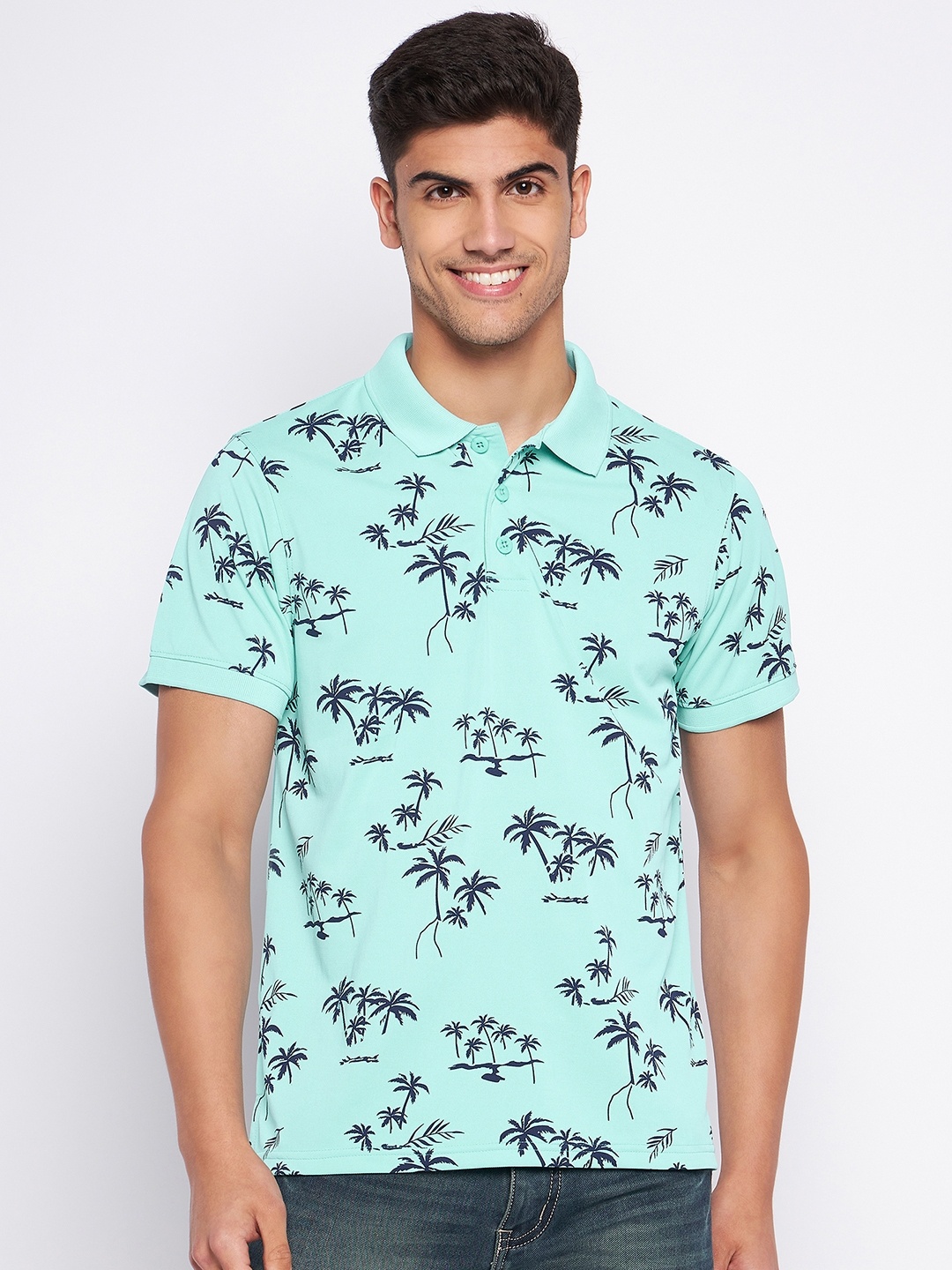 

AUXAMIS Men Printed Polo Collar Pockets T-shirt, Turquoise blue