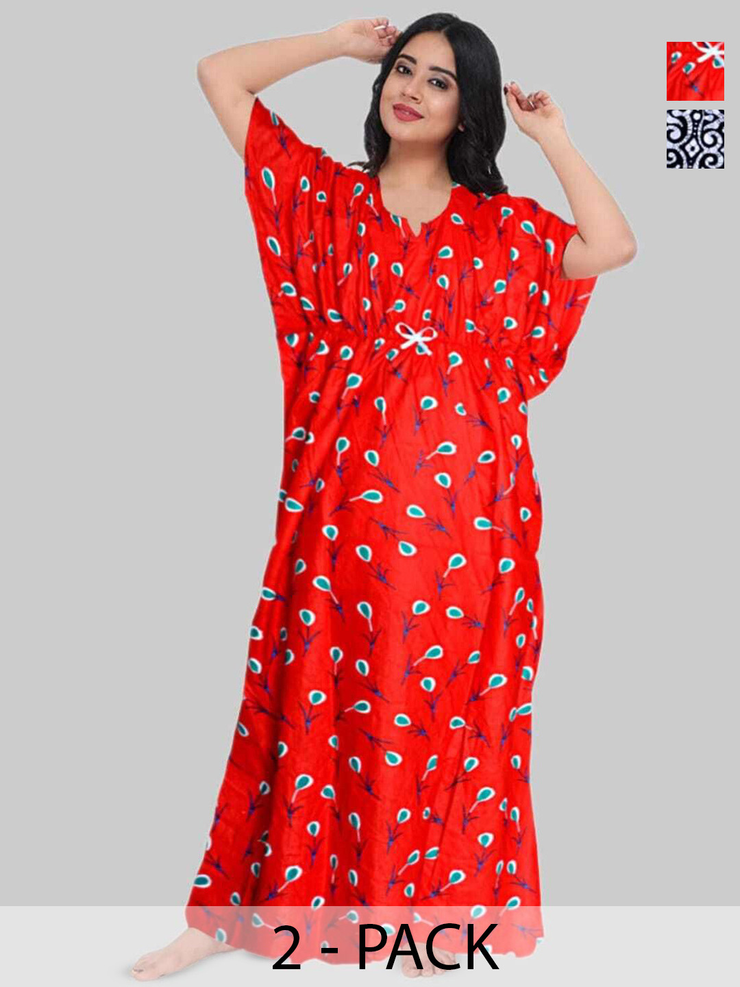 

PR PINK ROYAL Women Pack of 2 Printed Kaftan Nightdress, Red