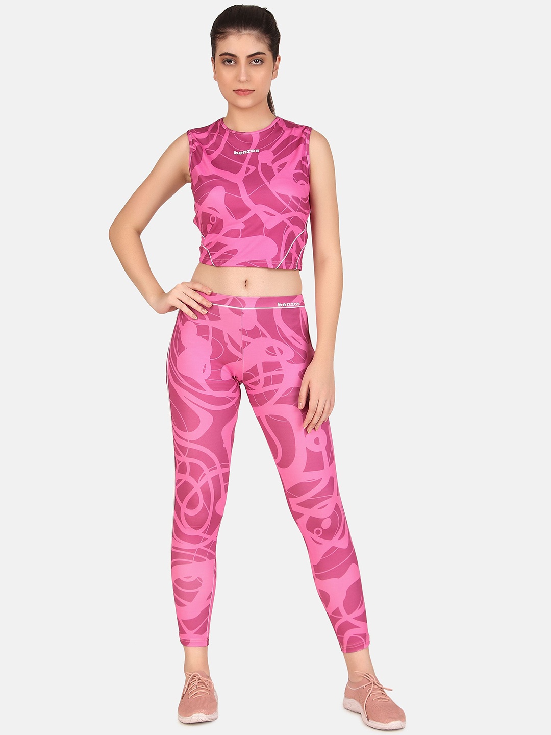 

BENZOS Printed Round Neck Sleeveless Tracksuit, Pink