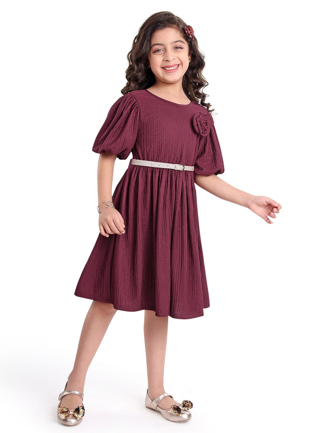 

Hola Bonita Girls Puff Sleeve Fit & Flare Dress, Maroon
