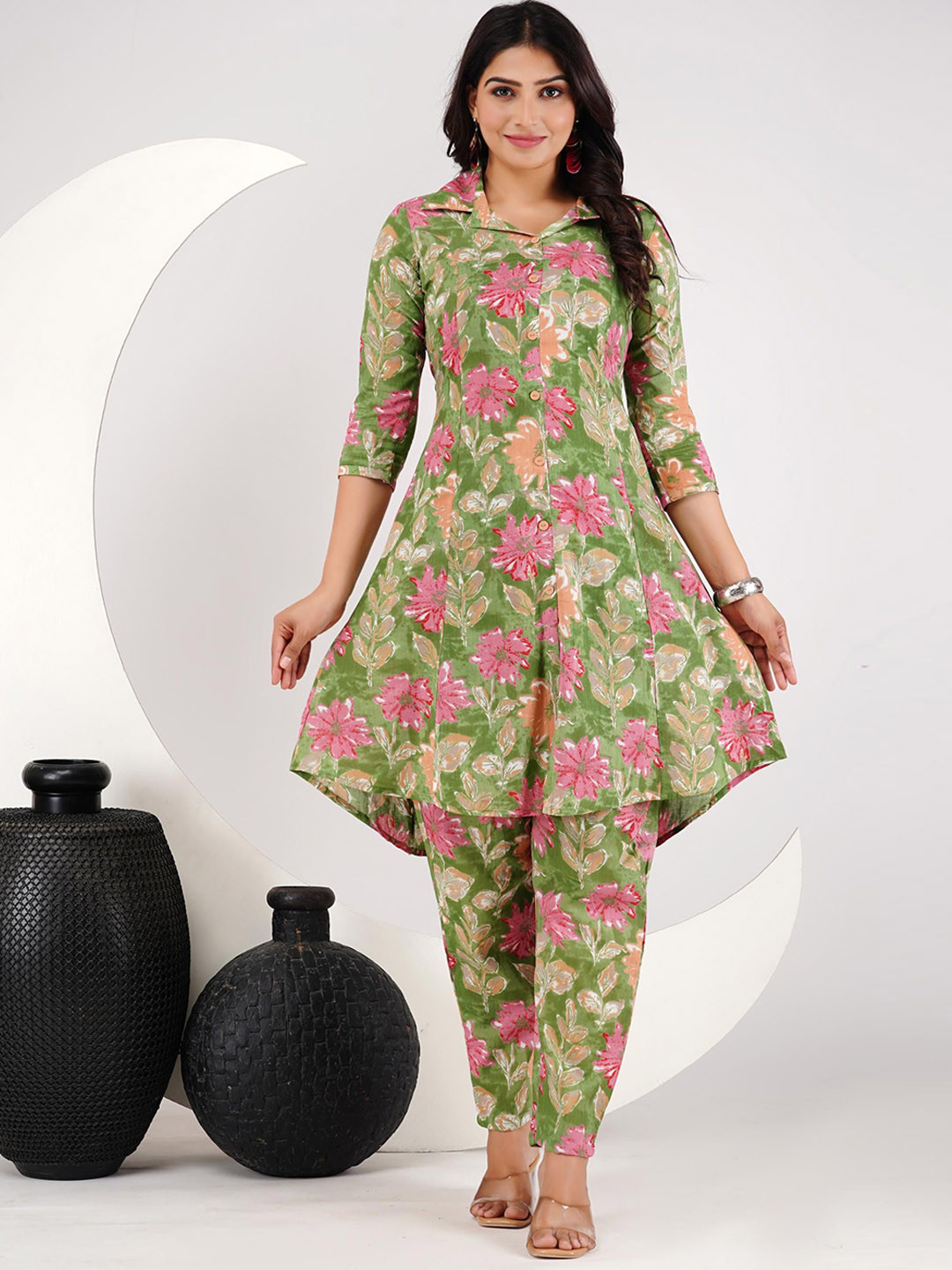 

Moda Rapido Floral Printed Shirt Collar Tunic With Trousers, Green