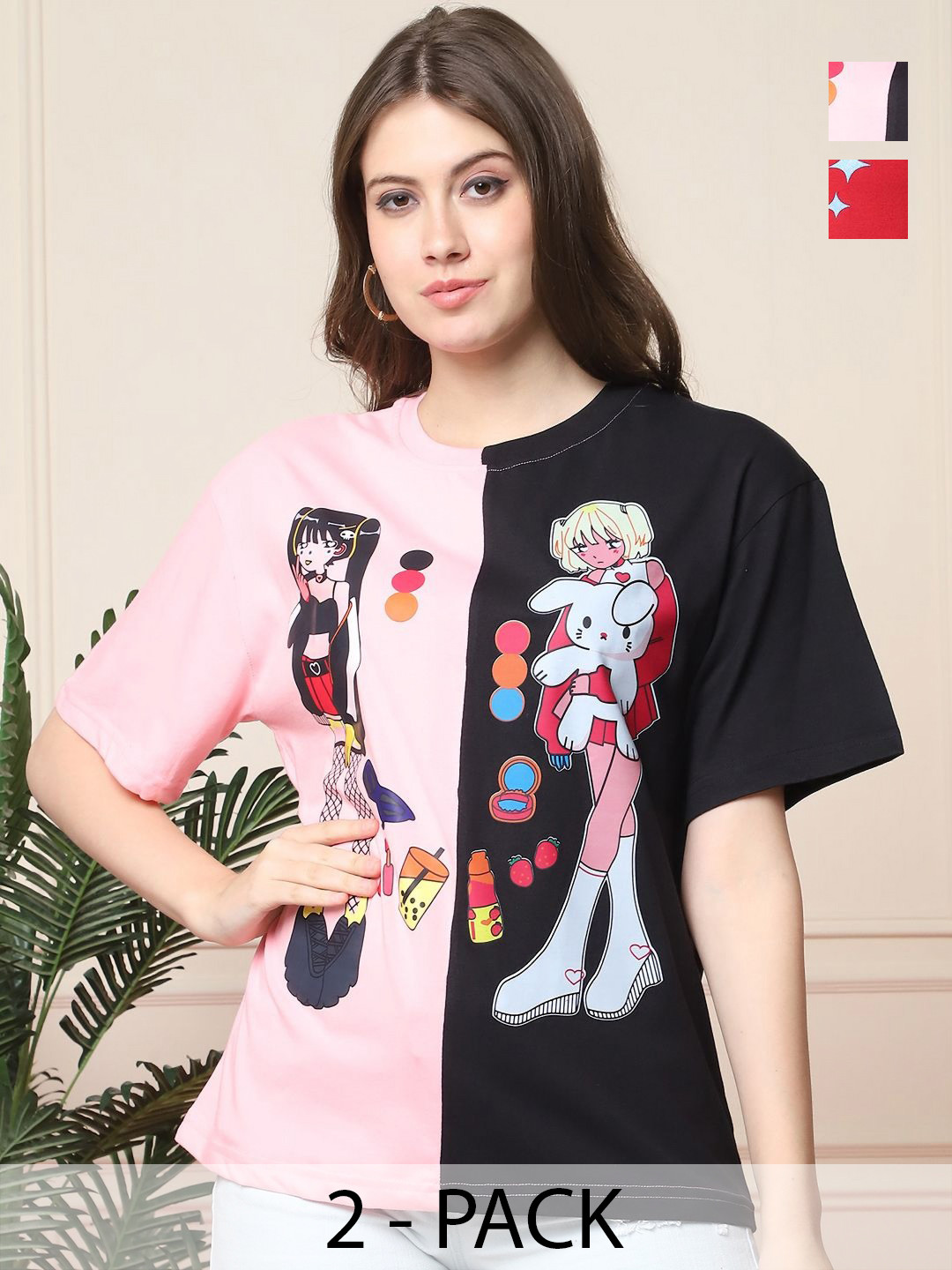 

Dreambe Women Pack Of 2 Graphic Printed Round Neck Cotton Oversized T-shirts, Black