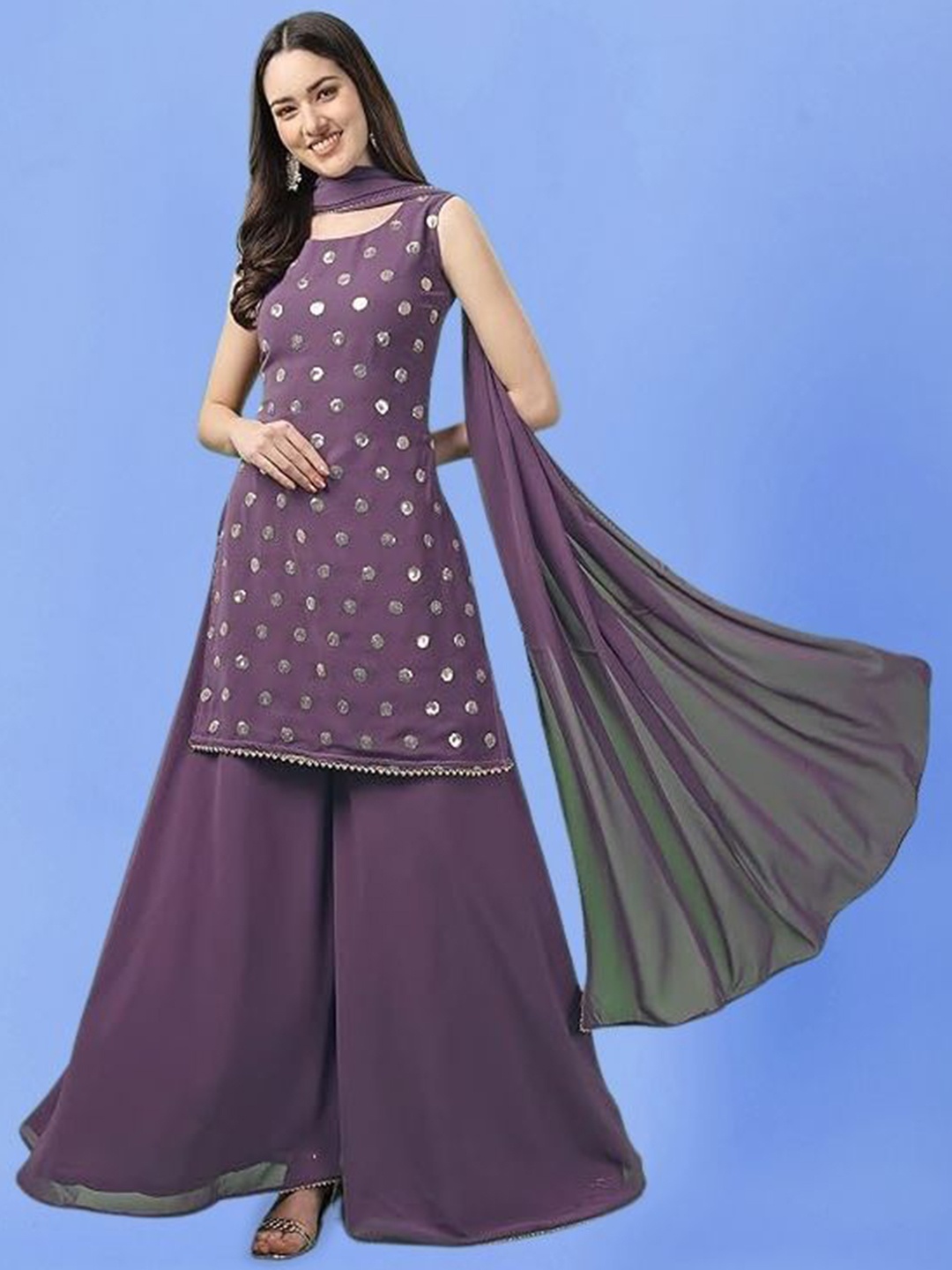 

PARROT CREATION Geometric Embroidered Sequinned Georgette Kurti with Sharara And Dupatta, Lavender