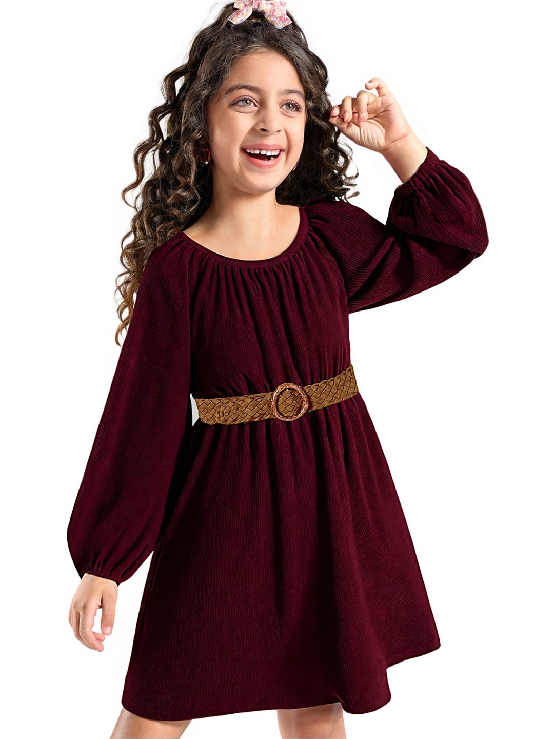 

Hola Bonita Girls Puff Sleeve Fit And Flare Dress With Belt, Maroon