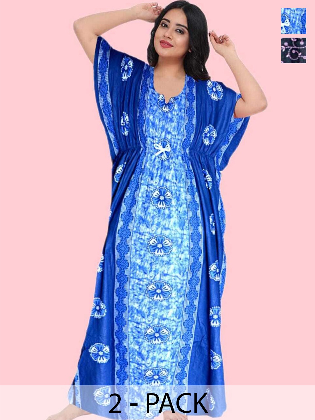

PR PINK ROYAL Women Pack of 2 Printed Pure Cotton Maxi Kaftan Nightdress, Blue