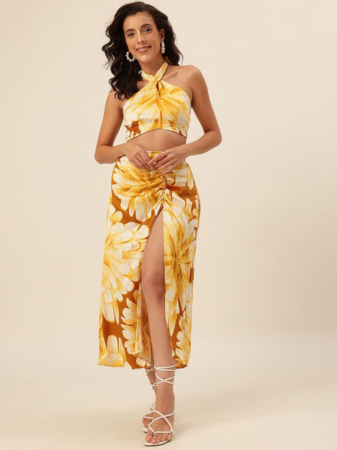 

CUKOO Floral Printed Halter Neck Crop Top & Skirt, Yellow