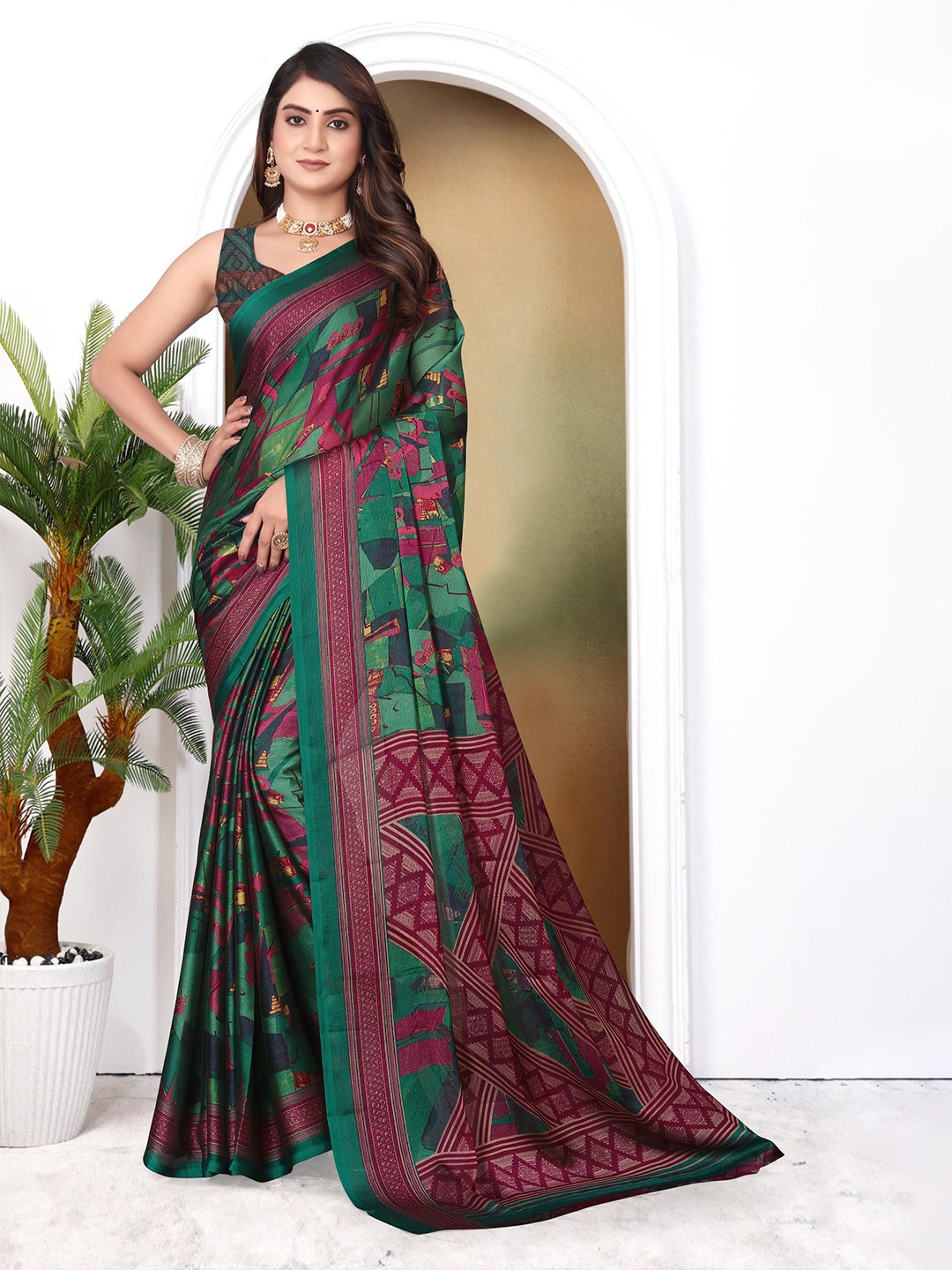 

SUPERLAXMI Pure Chiffon Georgette Printed Bollywood Saree, Green