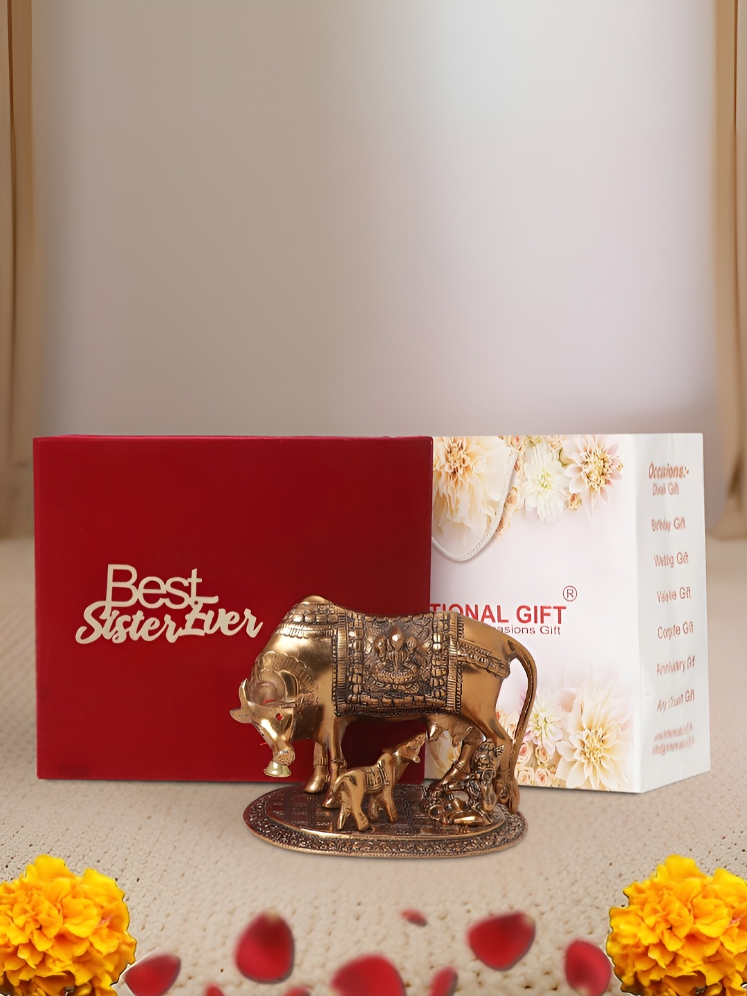 

INTERNATIONAL GIFT Copper-Toned Kamdhenu Cow Religious Idol Showpiece, Brown