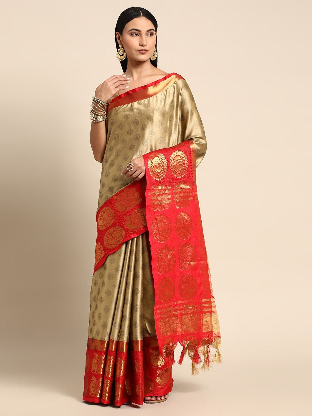 

DIVASTRI Woven Design Zari Silk Cotton Banarasi Saree, Beige