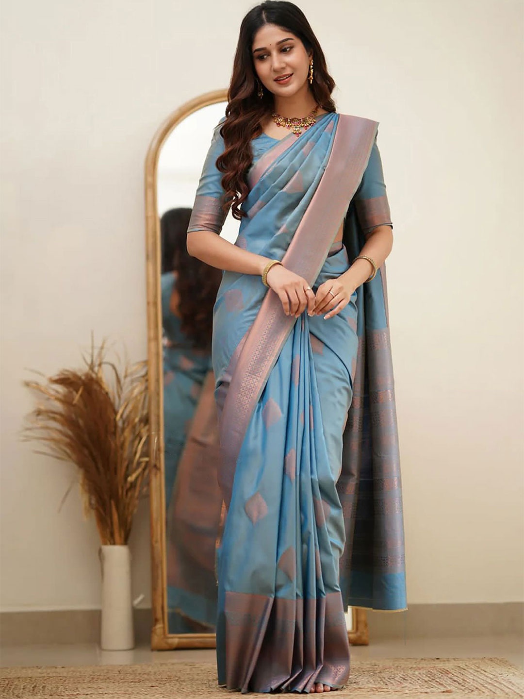 

Anjaneya Sarees Woven Design Zari Silk Blend Banarasi Saree, Blue