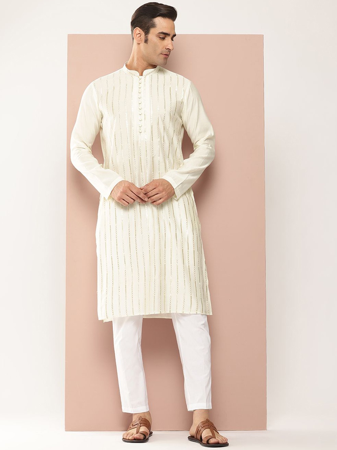 

See Designs Striped Embroidered Sequinned Mandarin Collar Chanderi Silk Straight Kurta, Off white