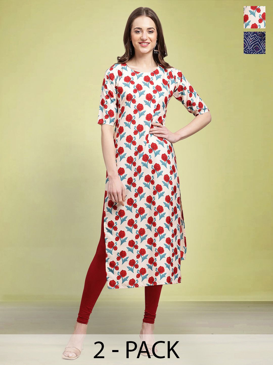 

Moda Rapido Pack of 2 Printed Round Neck Straight Kurtas, Off white