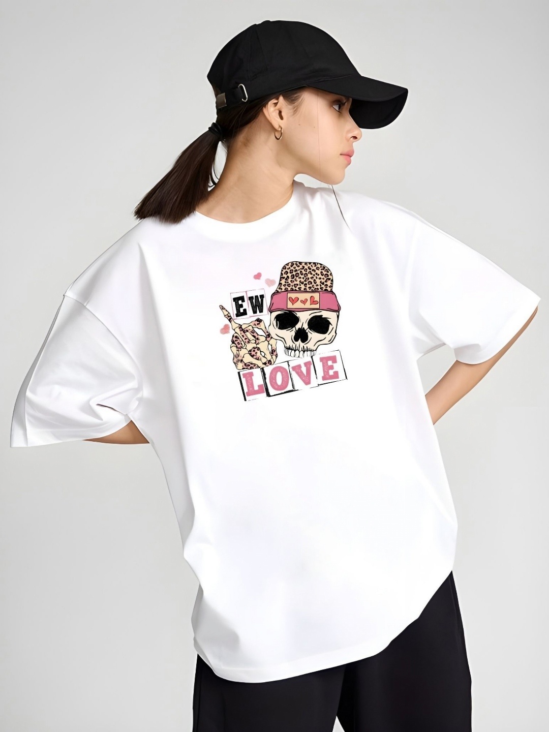 

DressBerry Women Graphic Printed Round Neck Cotton Oversized T-shirt, White