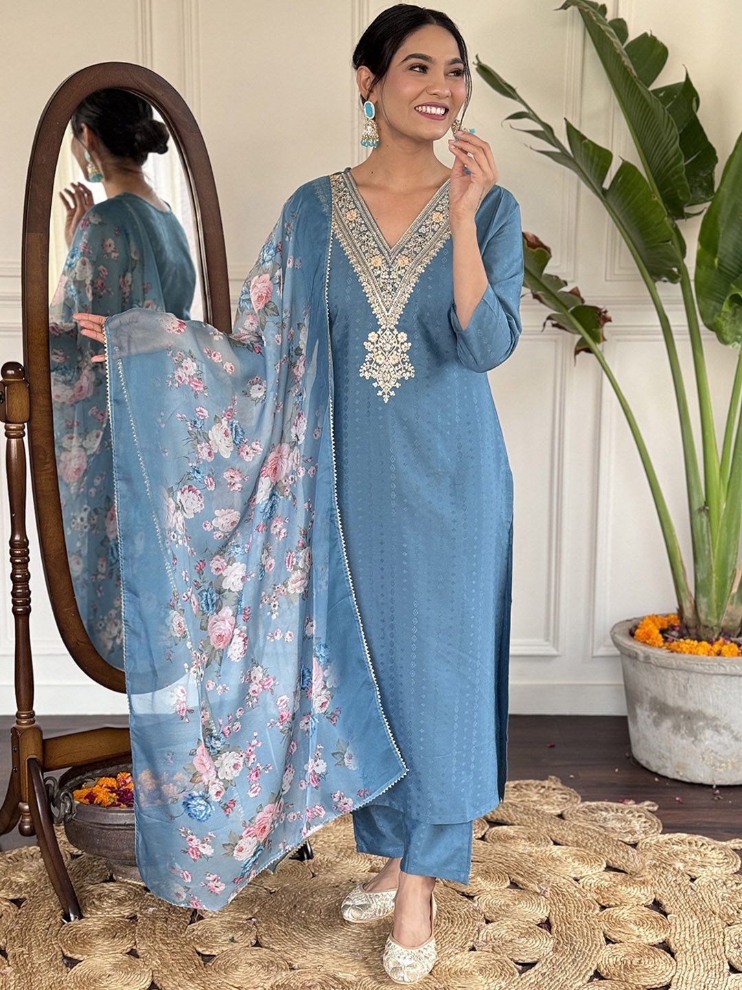 

Moda Rapido Floral Embroidered V-Neck Straight Kurta With Trouser And Dupatta, Turquoise blue