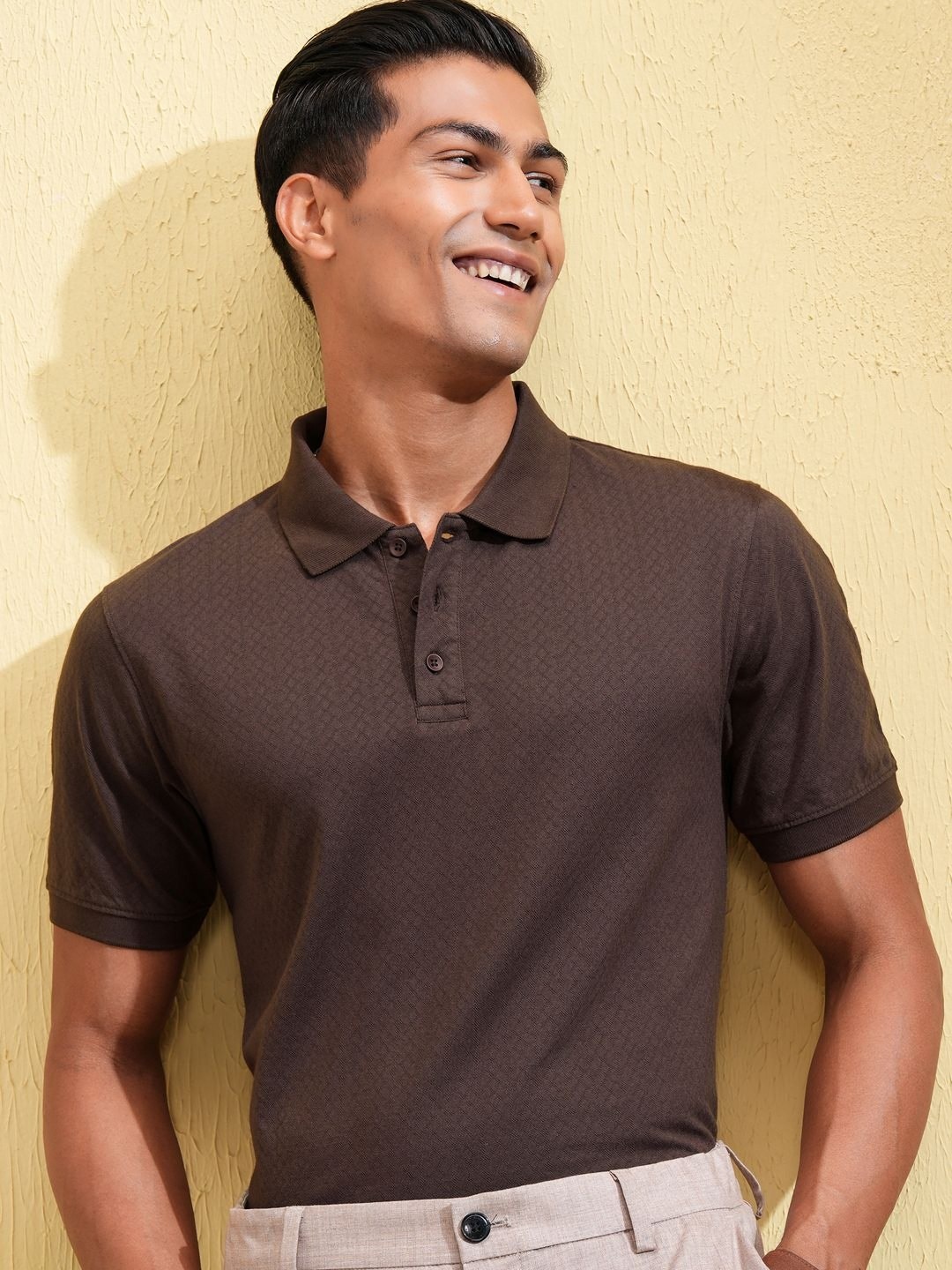 

Locomotive Premium Men Textured re Button Placket Polo Collar Slim Fit Tshirt, Brown