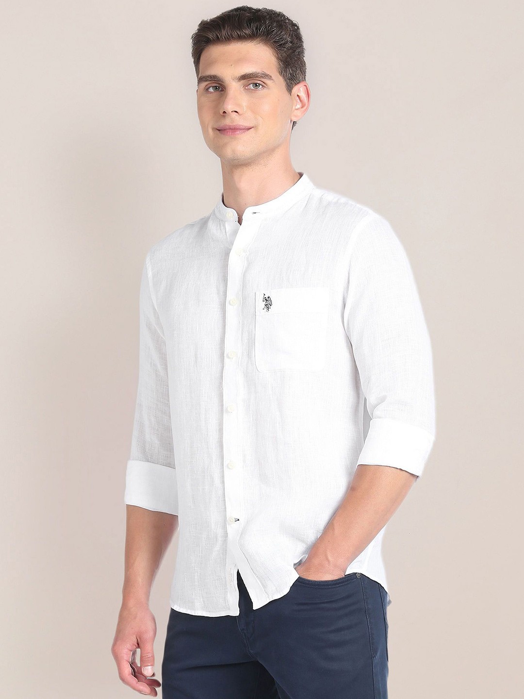 

U.S. Polo Assn. Men Slim Fit Band Collar Solid Linen Casual Shirt, White