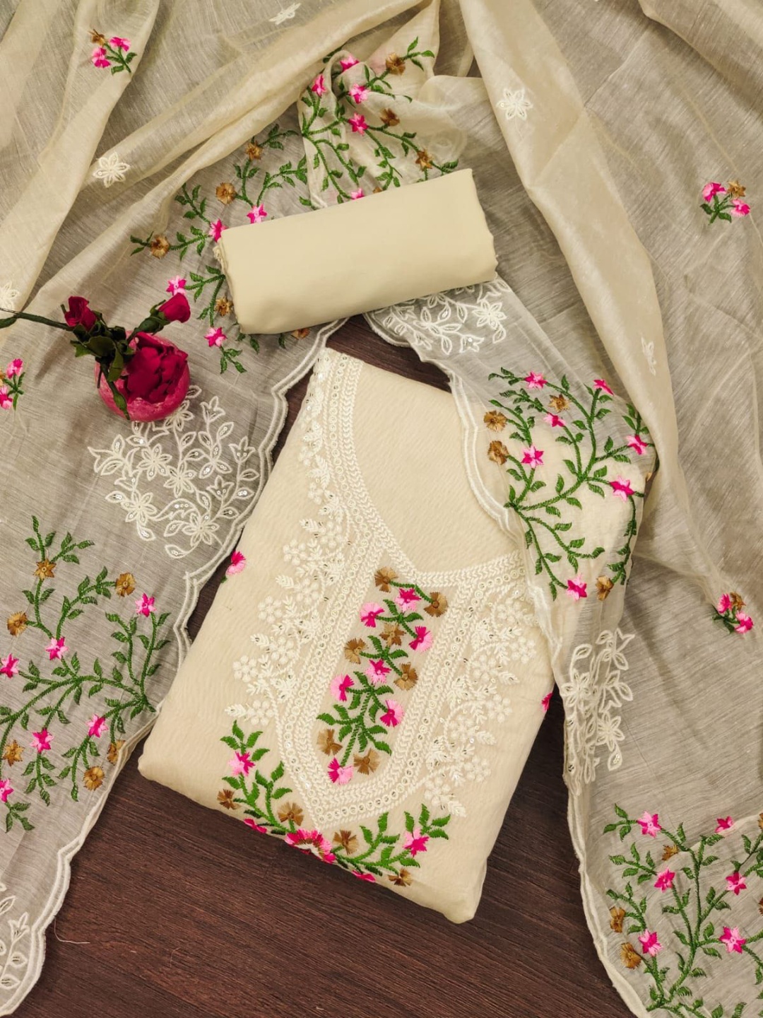 

BlissFlair Floral Embroidered Pure Cotton Unstitched Dress Material, Cream