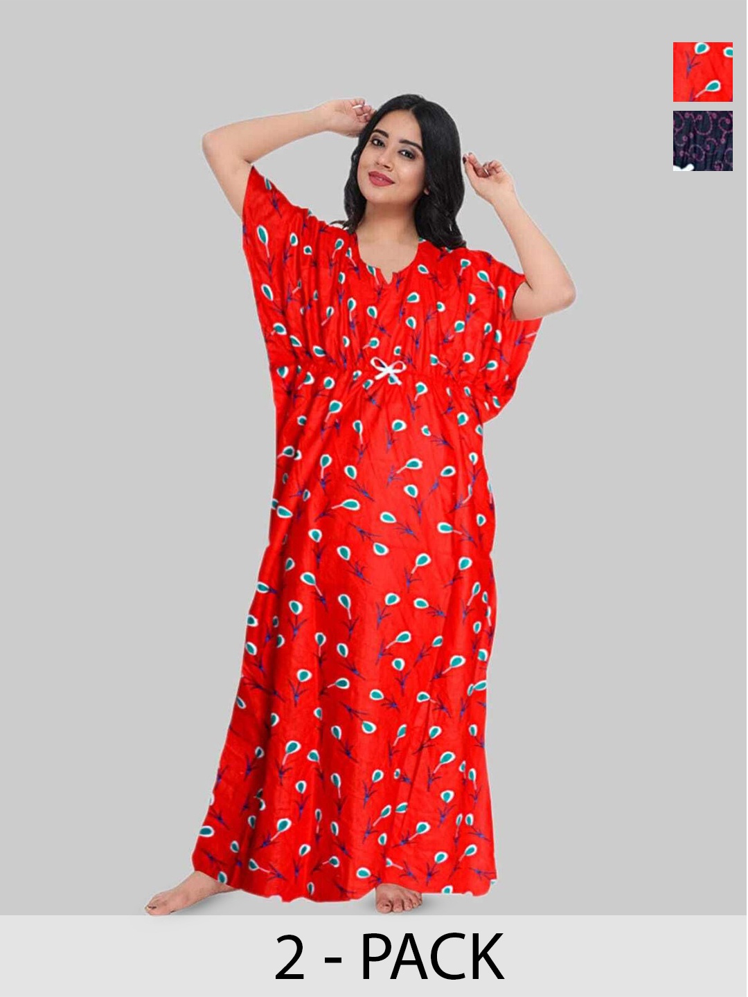 

PR PINK ROYAL Women Pack Of 2 Printed Pure Cotton Maxi Nightdress, Red