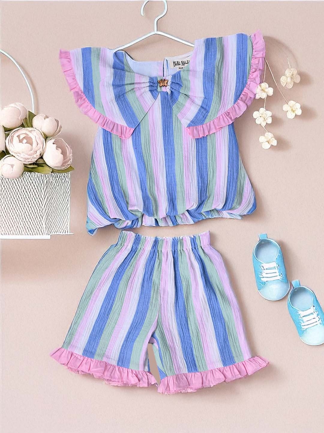 

BAESD Girls Striped Pure Cotton Top With Short, Blue