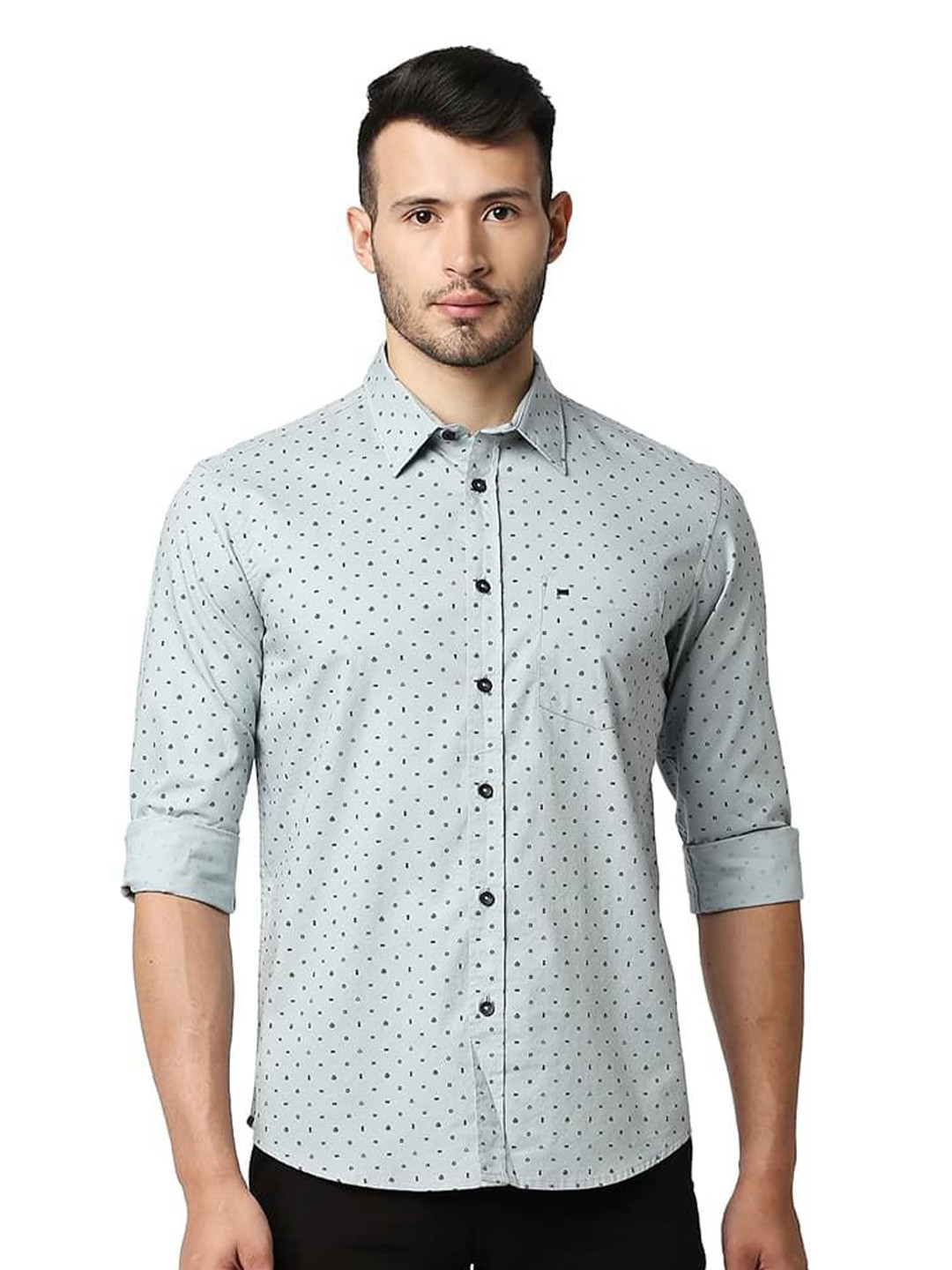 

Basics Men Relaxed Fit Spread Collar Geometric Printed Cotton Casual Shirt, Grey