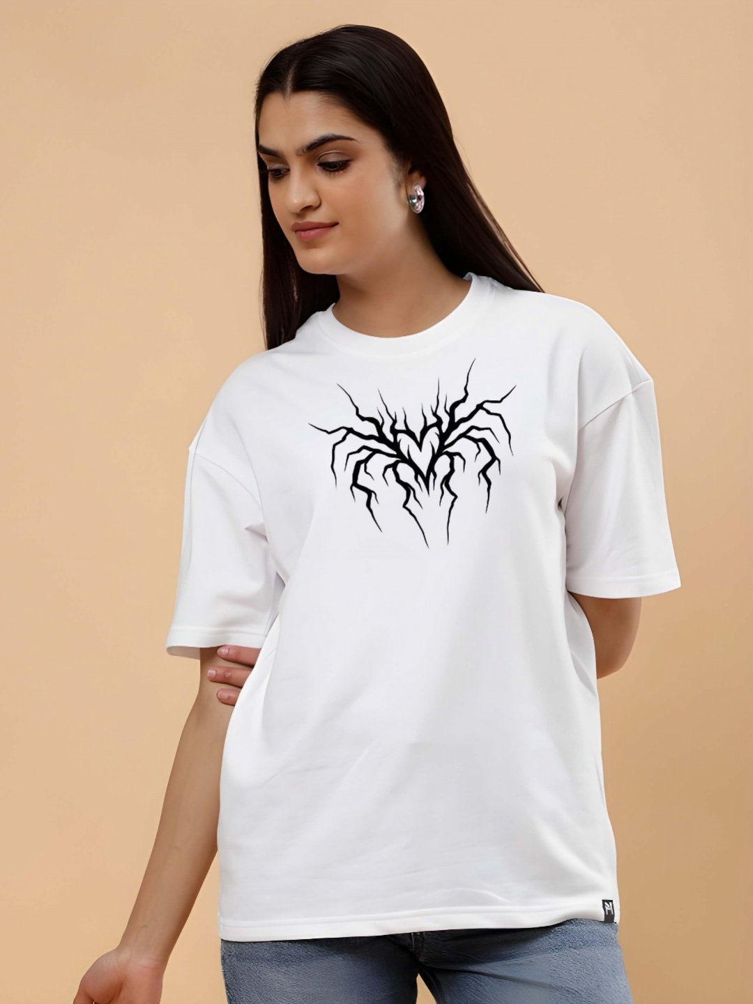 

SZN Women Graphic Printed Round Neck Cotton Oversized T-shirt, White