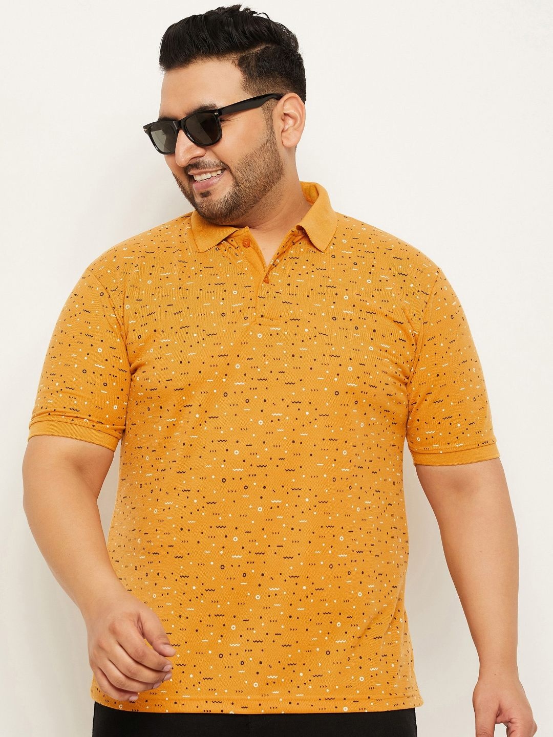 

NYKER Men Plus Size Geometric Printed Polo Collar Cotton T-shirt, Mustard
