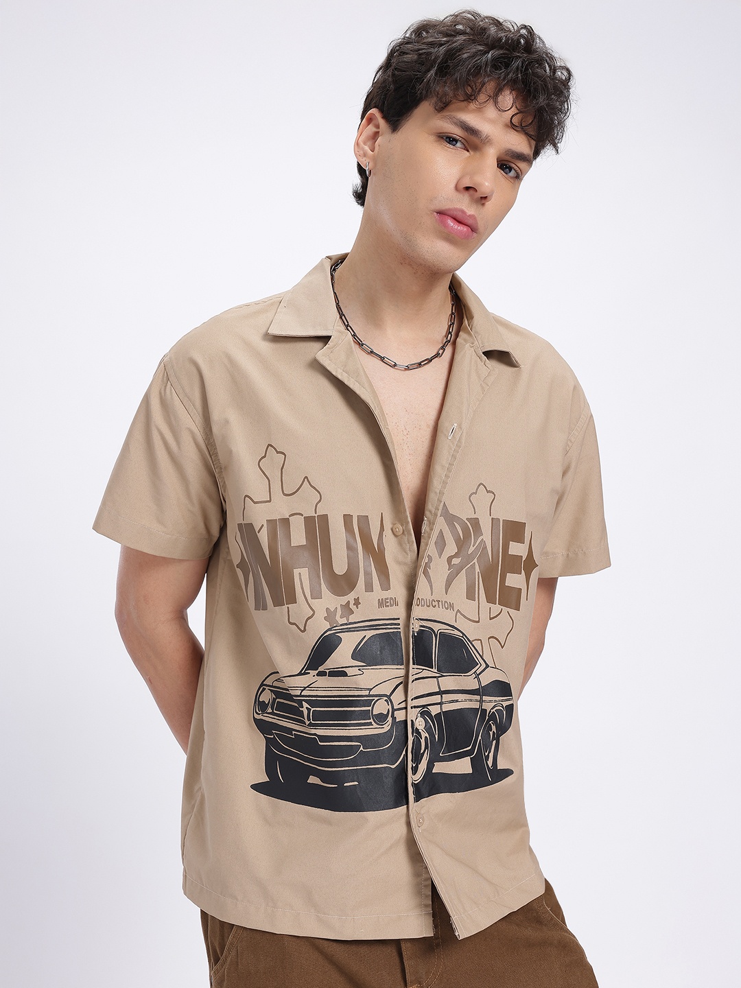 glitchez Nostalgic Drive Cotton Love Relaxed Fit Shirt, Beige